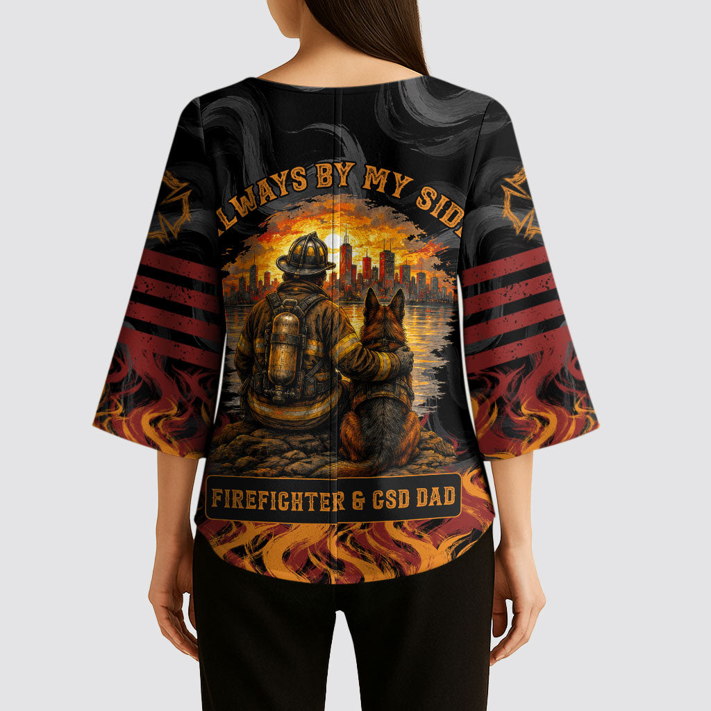 Firefighter German Shepherd Dad Kimono Sleeve Blouse Vintage Fire Flames Sunset City Skyline - Always By My Side