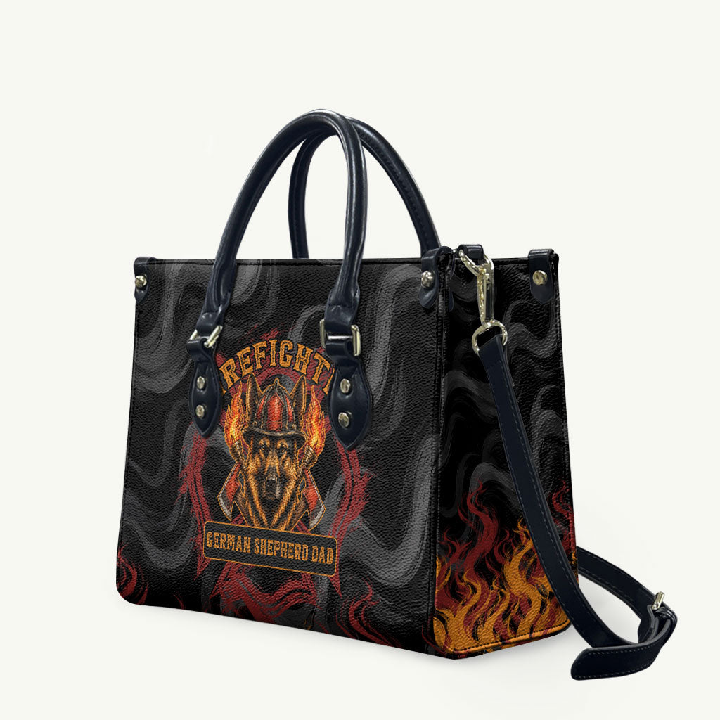 Firefighter German Shepherd Dad Leather Bag Vintage Fire Flames Sunset City Skyline - Always By My Side