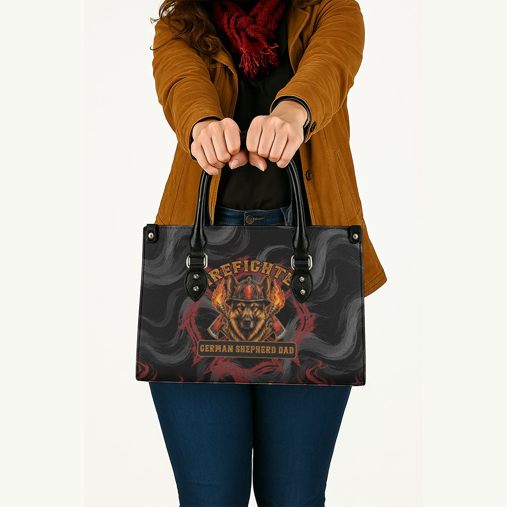 Firefighter German Shepherd Dad Leather Bag Vintage Fire Flames Sunset City Skyline - Always By My Side