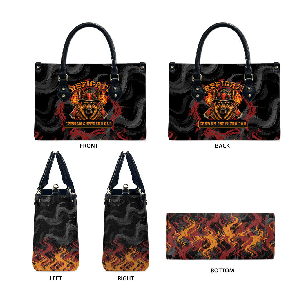 Firefighter German Shepherd Dad Leather Bag Vintage Fire Flames Sunset City Skyline - Always By My Side