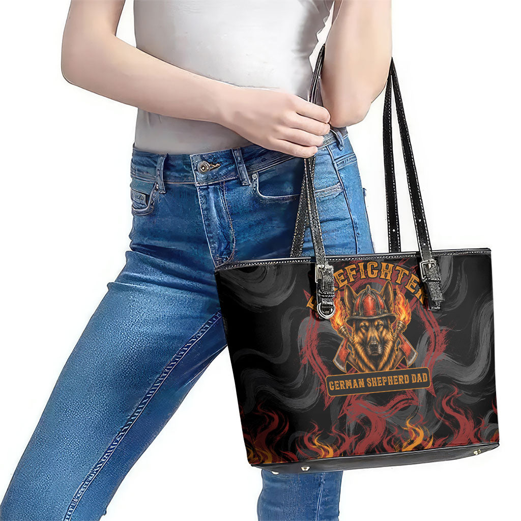 Firefighter German Shepherd Dad Leather Tote Bag Vintage Fire Flames Sunset City Skyline - Always By My Side