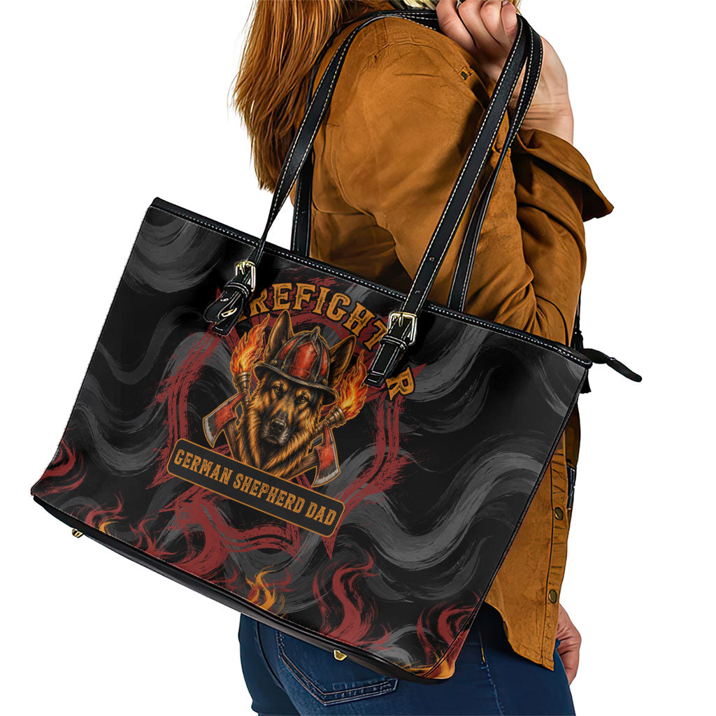 Firefighter German Shepherd Dad Leather Tote Bag Vintage Fire Flames Sunset City Skyline - Always By My Side