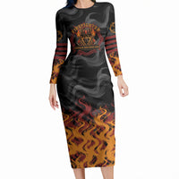 Firefighter German Shepherd Dad Long Sleeve Bodycon Dress Vintage Fire Flames Sunset City Skyline - Always By My Side