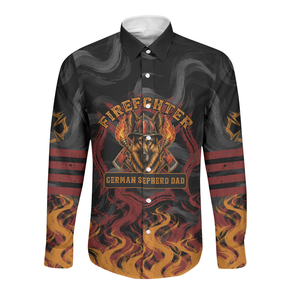 Firefighter German Shepherd Dad Long Sleeve Button Shirt Vintage Fire Flames Sunset City Skyline - Always By My Side