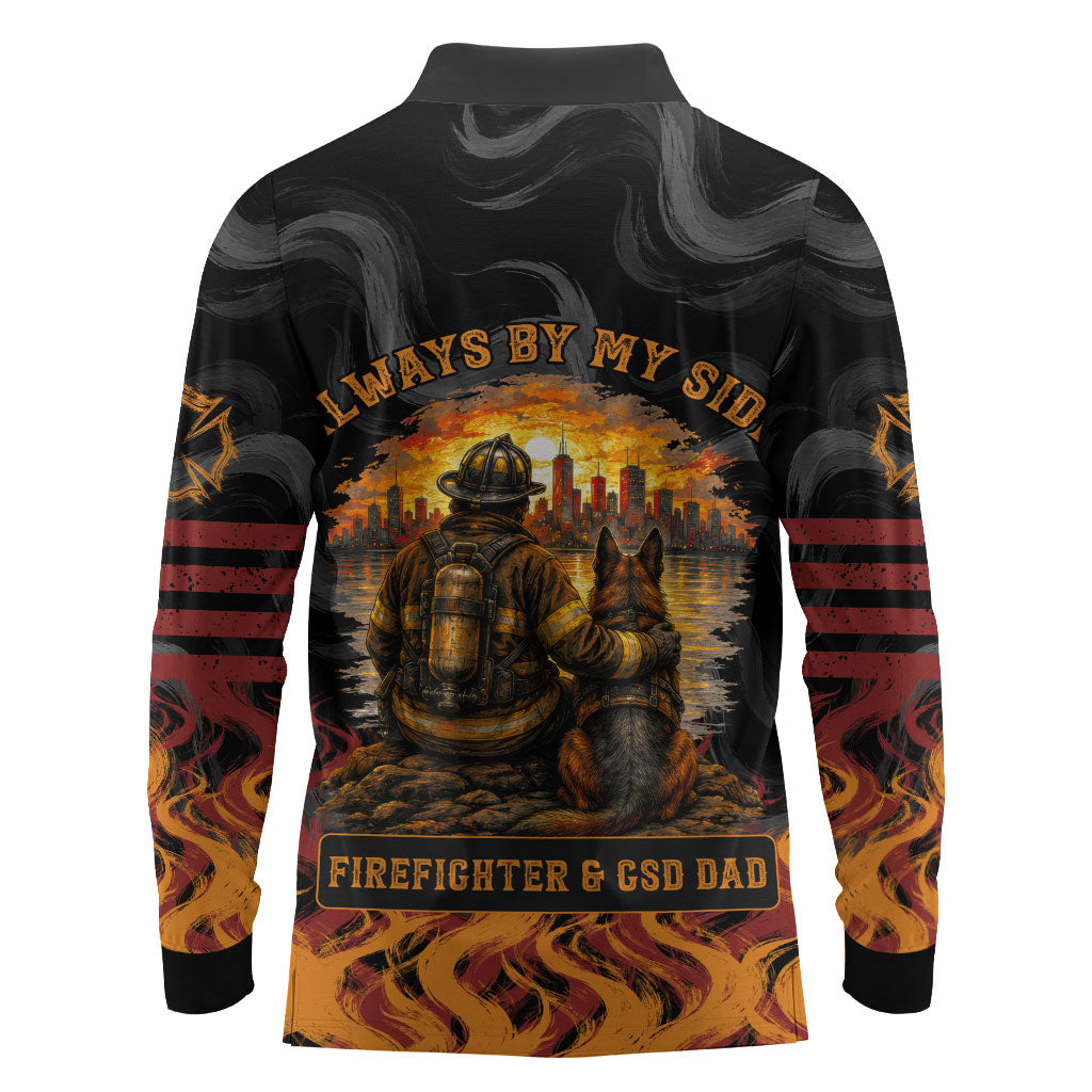 Firefighter German Shepherd Dad Long Sleeve Polo Shirt Vintage Fire Flames Sunset City Skyline - Always By My Side