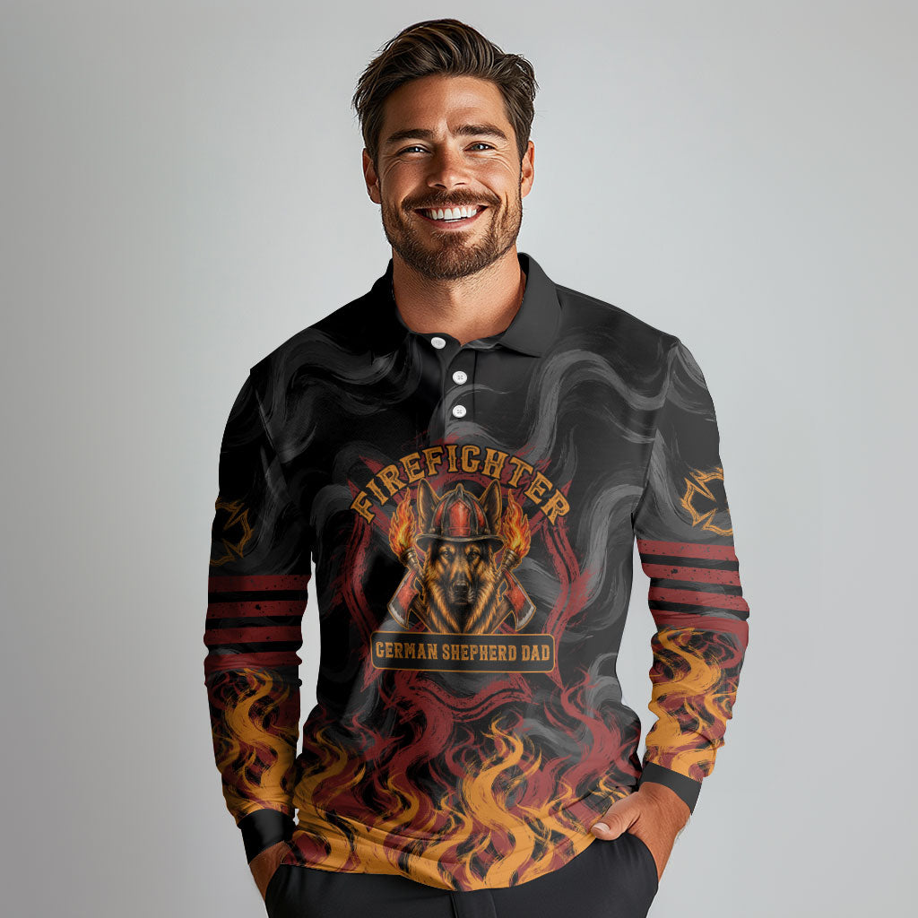 Firefighter German Shepherd Dad Long Sleeve Polo Shirt Vintage Fire Flames Sunset City Skyline - Always By My Side