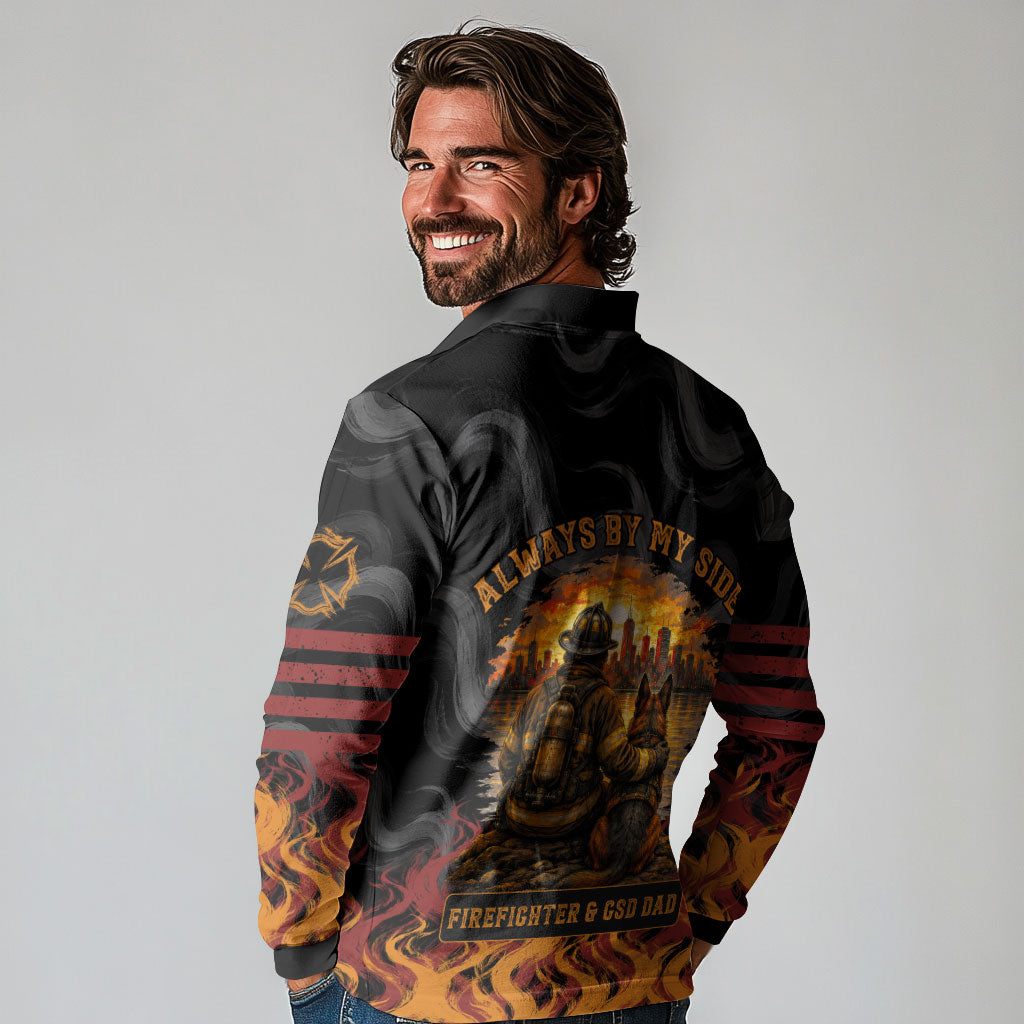 Firefighter German Shepherd Dad Long Sleeve Polo Shirt Vintage Fire Flames Sunset City Skyline - Always By My Side