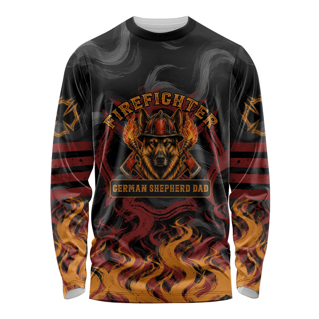 Firefighter German Shepherd Dad Long Sleeve Shirt Vintage Fire Flames Sunset City Skyline - Always By My Side