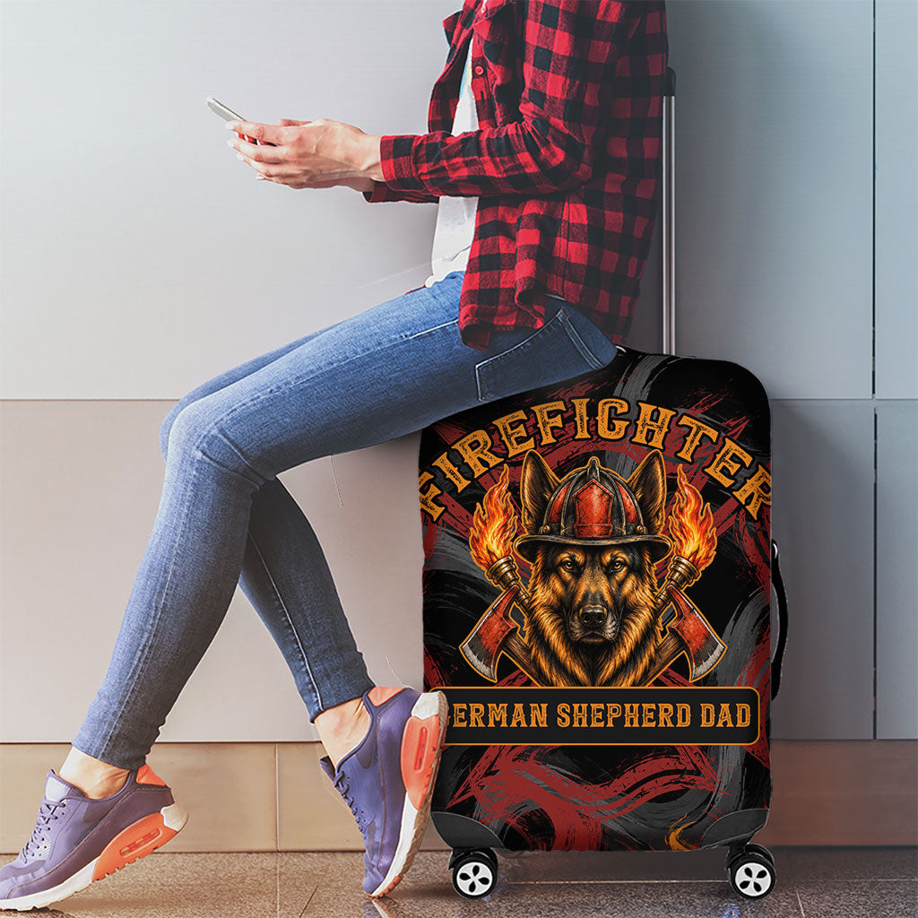 Firefighter German Shepherd Dad Luggage Cover Vintage Fire Flames Sunset City Skyline - Always By My Side