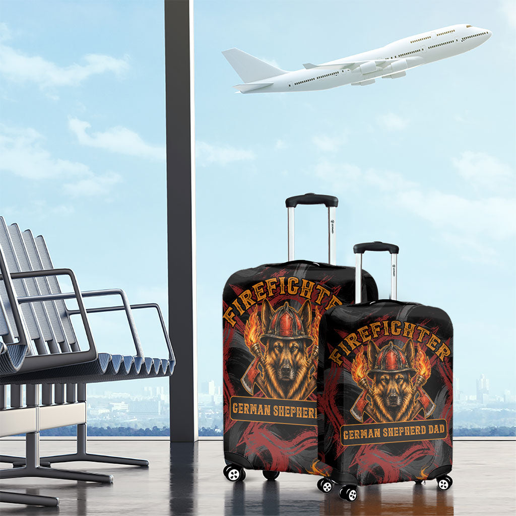 Firefighter German Shepherd Dad Luggage Cover Vintage Fire Flames Sunset City Skyline - Always By My Side