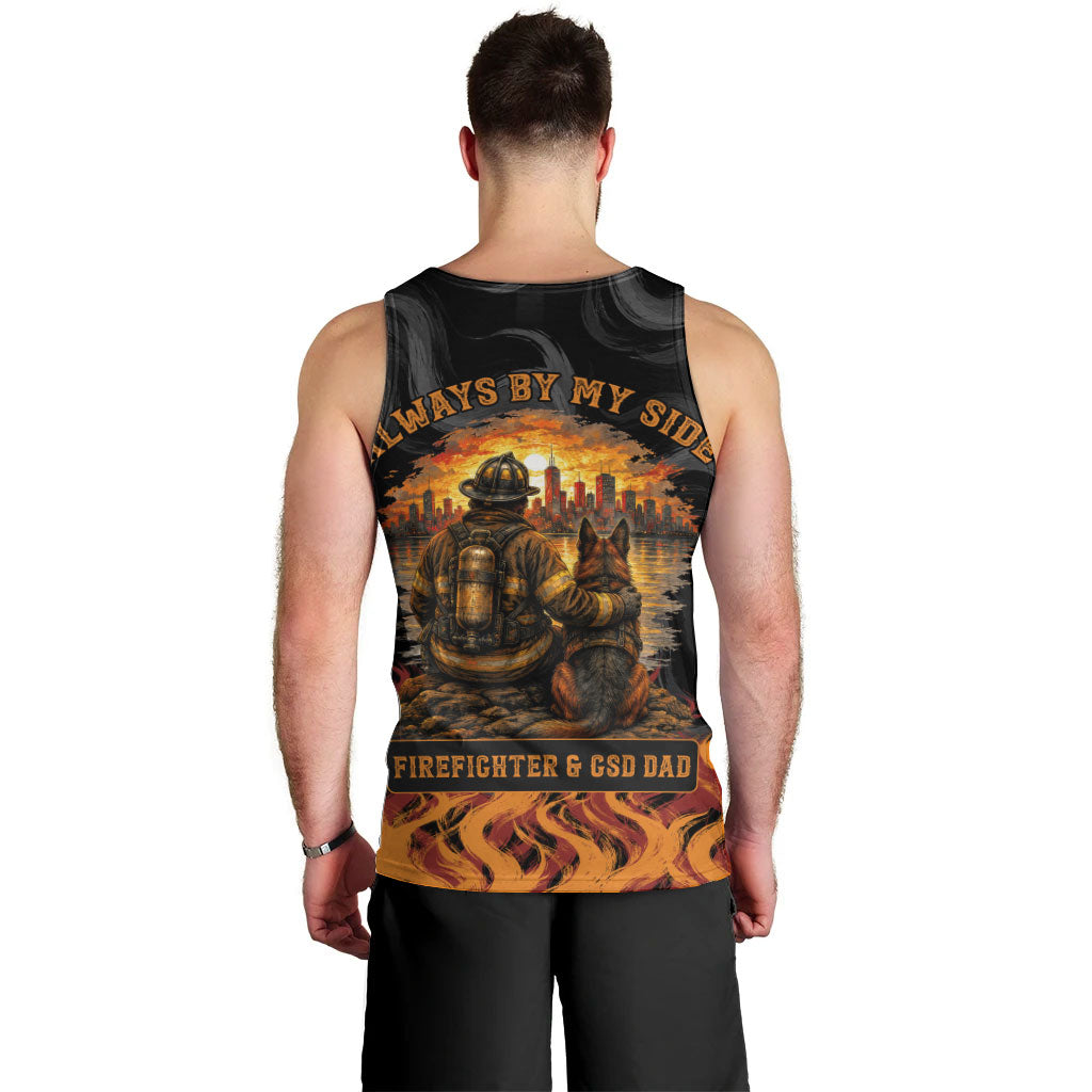 Firefighter German Shepherd Dad Men Tank Top Vintage Fire Flames Sunset City Skyline - Always By My Side