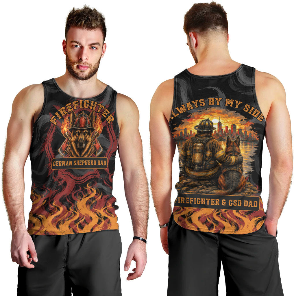 Firefighter German Shepherd Dad Men Tank Top Vintage Fire Flames Sunset City Skyline - Always By My Side