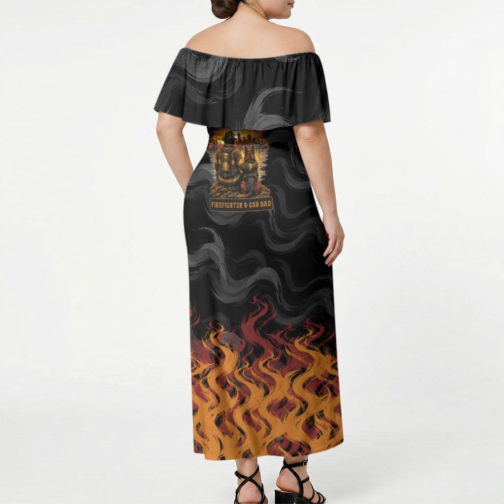 Firefighter German Shepherd Dad Off Shoulder Maxi Dress Vintage Fire Flames Sunset City Skyline - Always By My Side