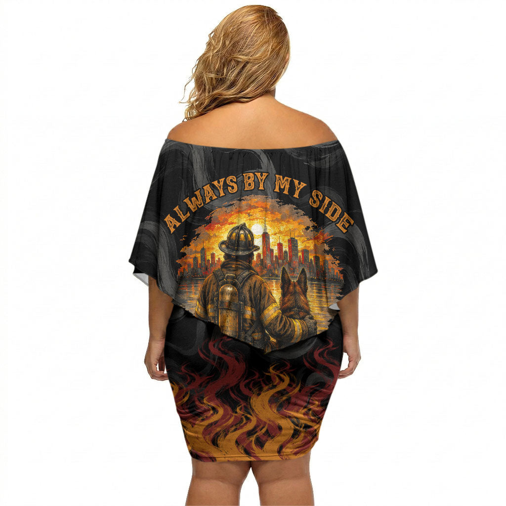 Firefighter German Shepherd Dad Off Shoulder Short Dress Vintage Fire Flames Sunset City Skyline - Always By My Side