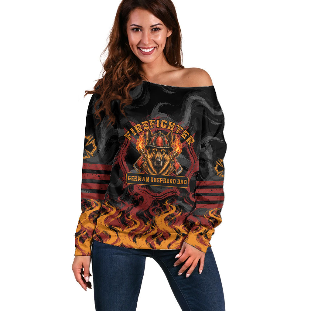 Firefighter German Shepherd Dad Off Shoulder Sweater Vintage Fire Flames Sunset City Skyline - Always By My Side