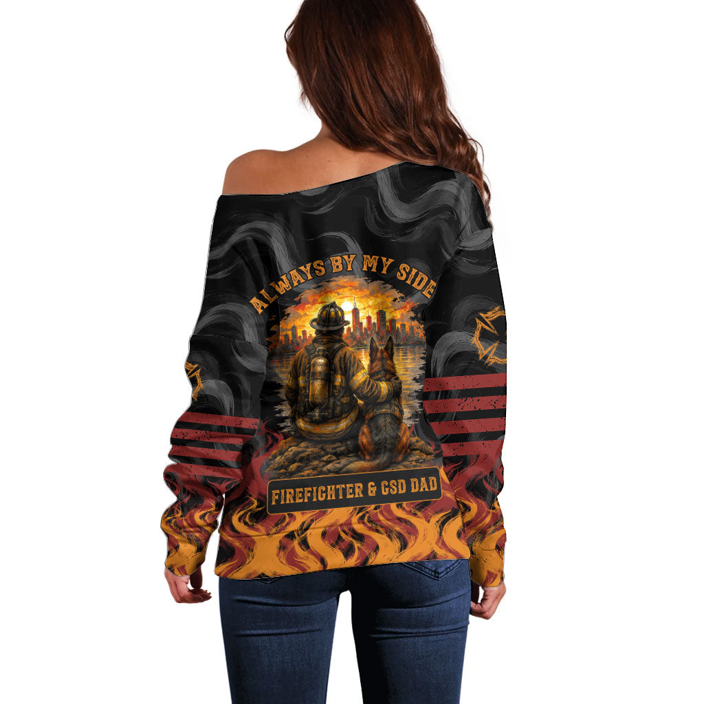 Firefighter German Shepherd Dad Off Shoulder Sweater Vintage Fire Flames Sunset City Skyline - Always By My Side
