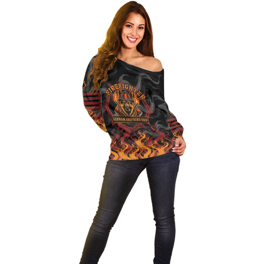 Firefighter German Shepherd Dad Off Shoulder Sweater Vintage Fire Flames Sunset City Skyline - Always By My Side