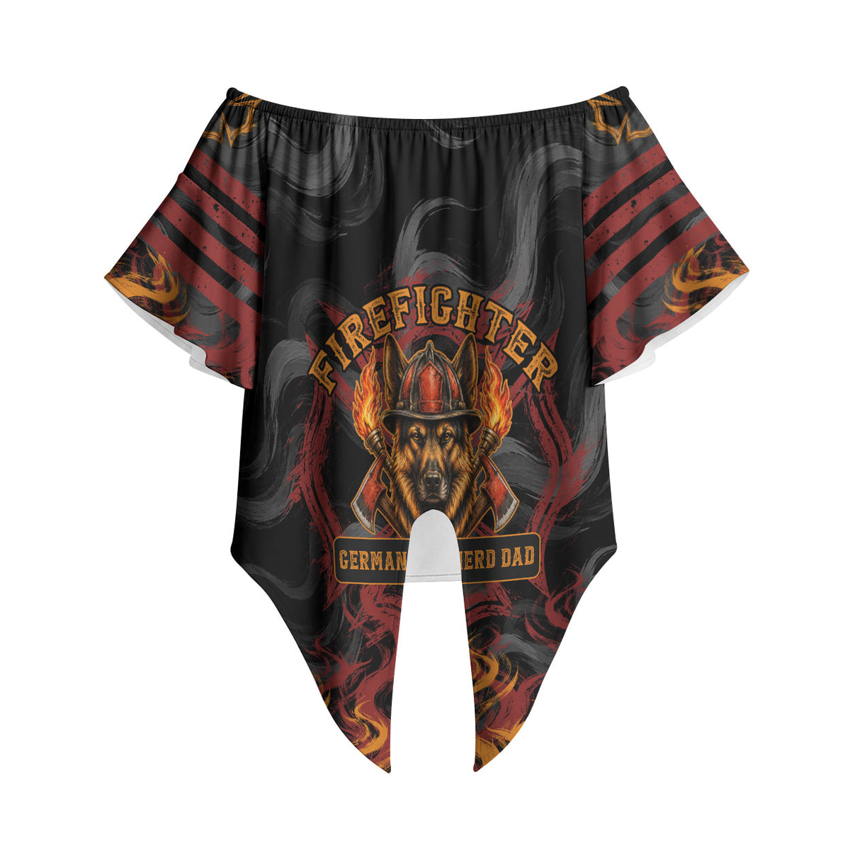 Firefighter German Shepherd Dad Off Shoulder Wrap Waist Top Vintage Fire Flames Sunset City Skyline - Always By My Side