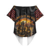 Firefighter German Shepherd Dad Off Shoulder Wrap Waist Top Vintage Fire Flames Sunset City Skyline - Always By My Side