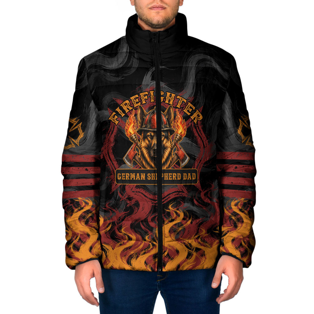 Firefighter German Shepherd Dad Padded Jacket Vintage Fire Flames Sunset City Skyline - Always By My Side