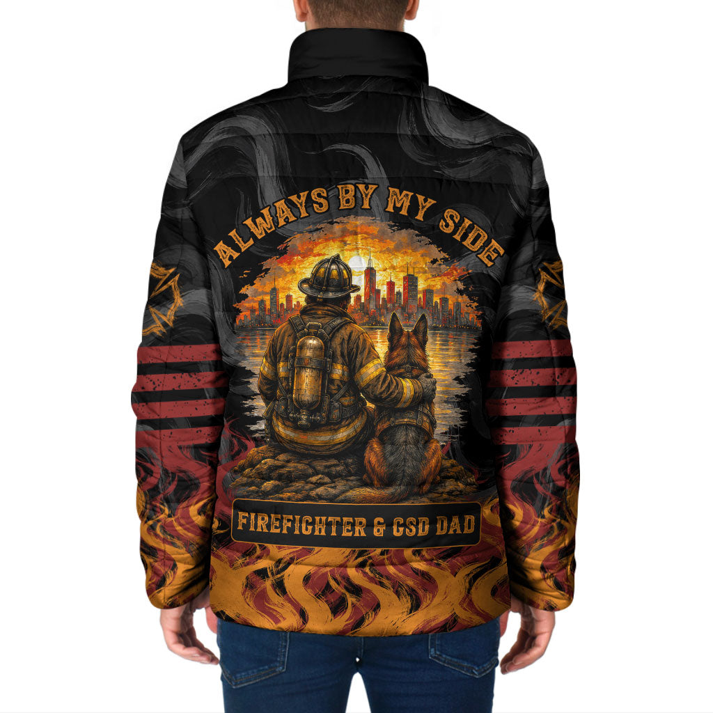 Firefighter German Shepherd Dad Padded Jacket Vintage Fire Flames Sunset City Skyline - Always By My Side