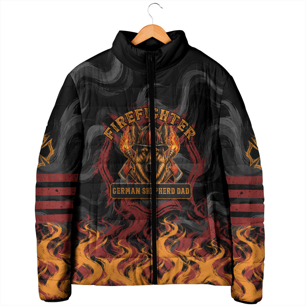 Firefighter German Shepherd Dad Padded Jacket Vintage Fire Flames Sunset City Skyline - Always By My Side