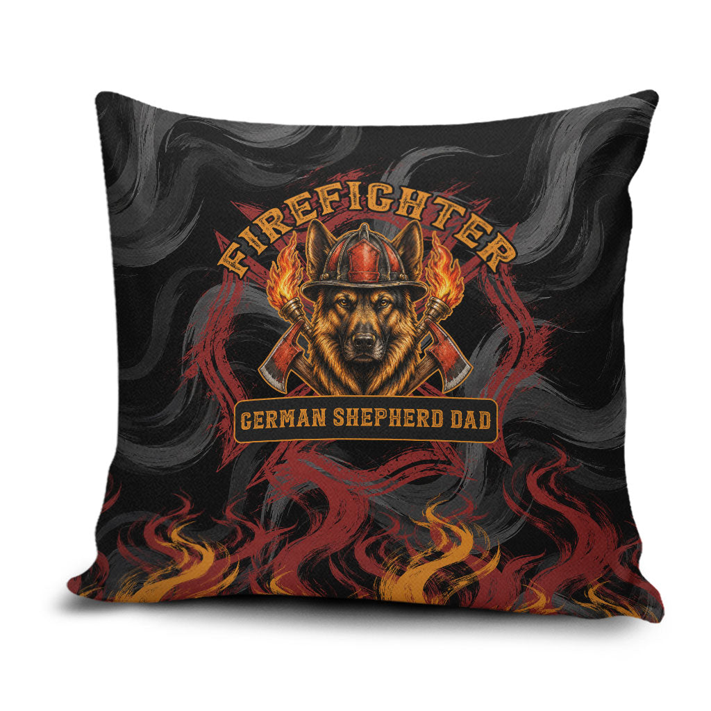 Firefighter German Shepherd Dad Pillow Cover Vintage Fire Flames Sunset City Skyline - Always By My Side