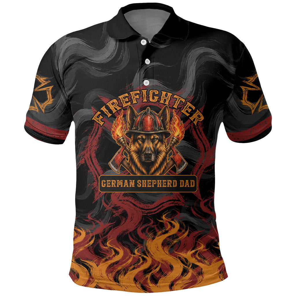 Firefighter German Shepherd Dad Polo Shirt Vintage Fire Flames Sunset City Skyline - Always By My Side