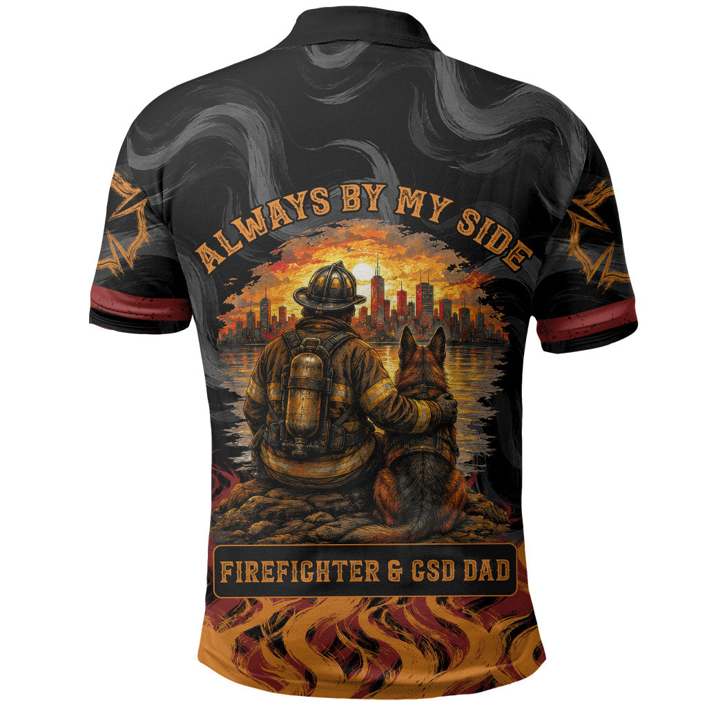 Firefighter German Shepherd Dad Polo Shirt Vintage Fire Flames Sunset City Skyline - Always By My Side