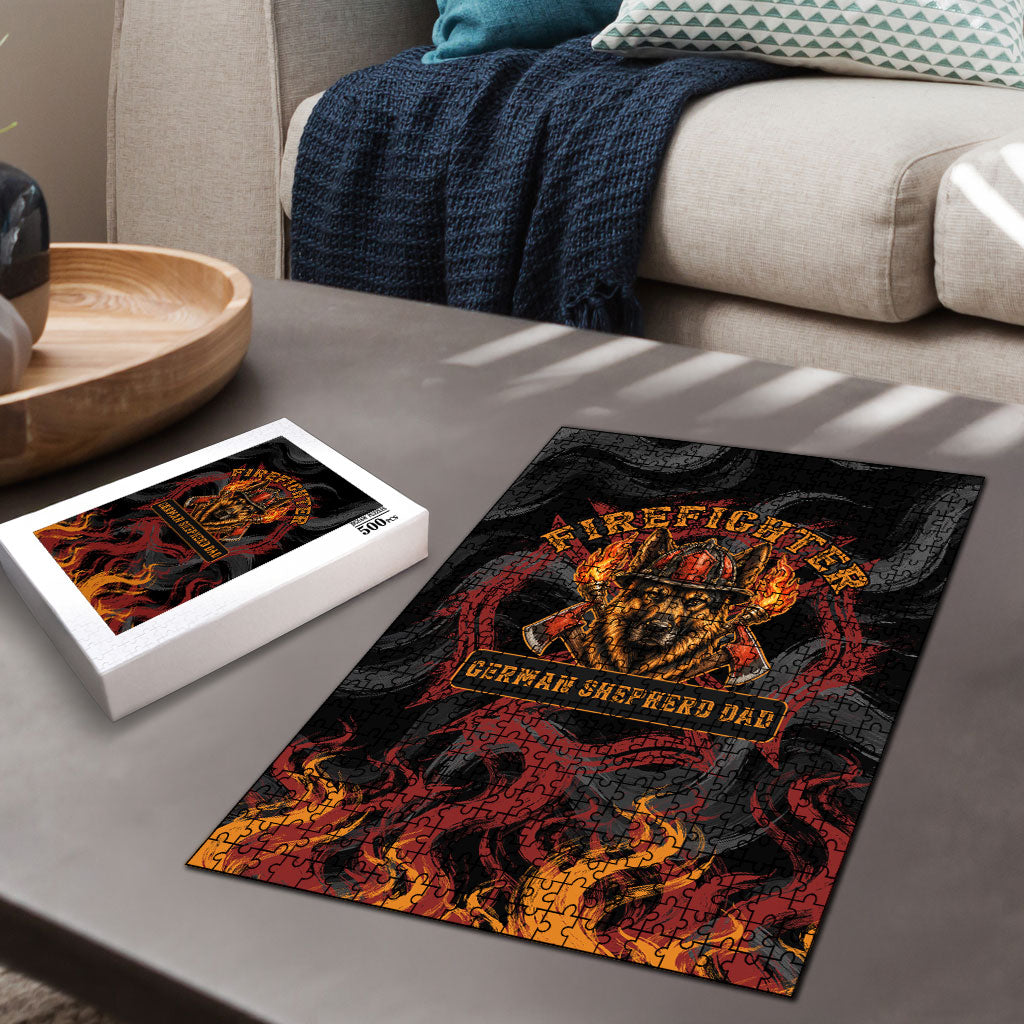 Firefighter German Shepherd Dad Puzzle Vintage Fire Flames Sunset City Skyline - Always By My Side