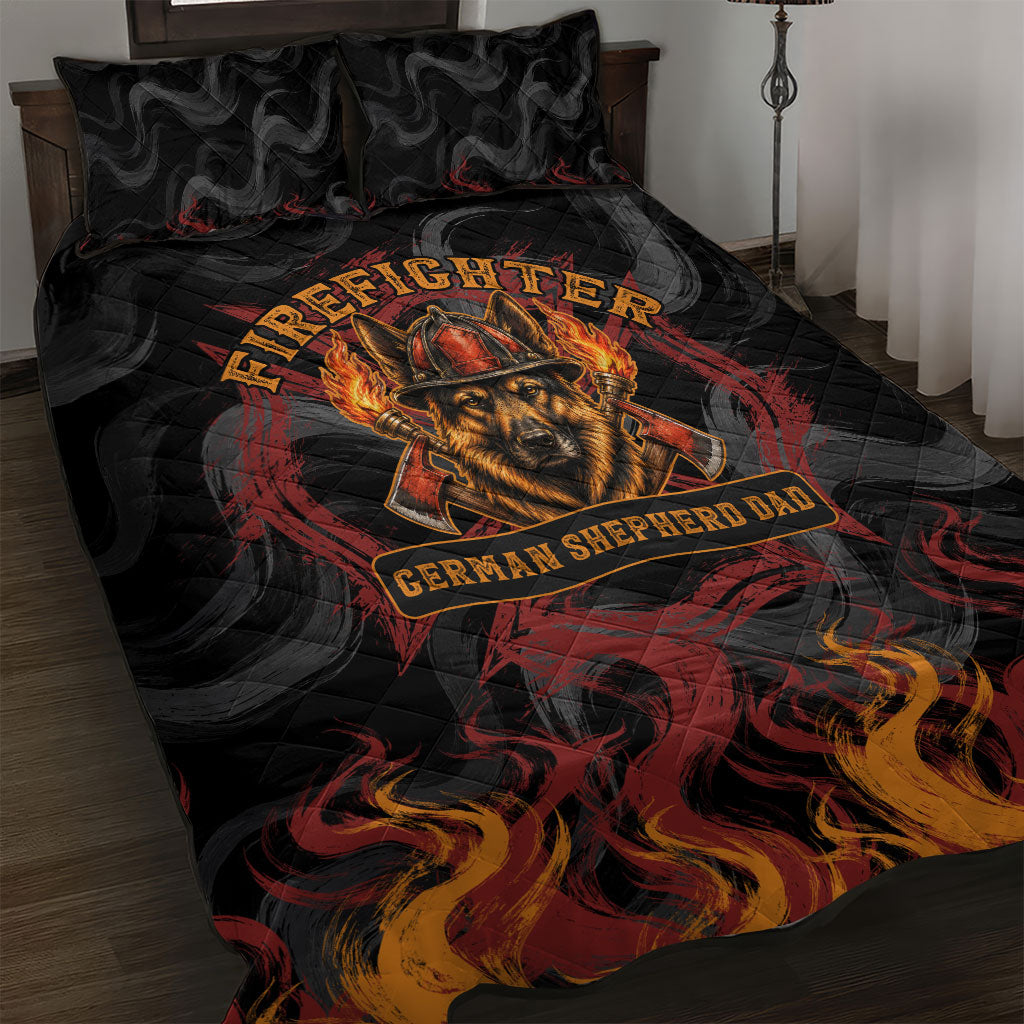 Firefighter German Shepherd Dad Quilt Bed Set Vintage Fire Flames Sunset City Skyline - Always By My Side