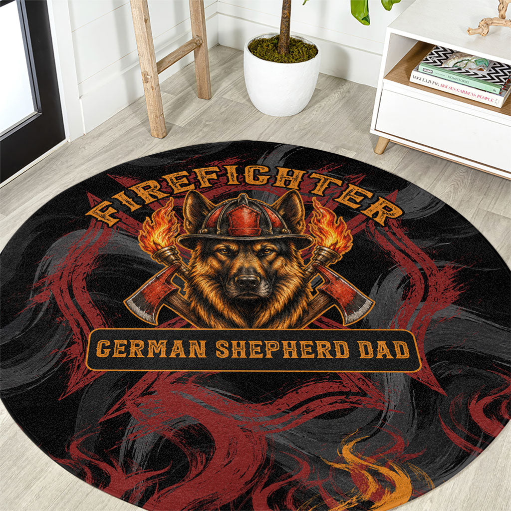 Firefighter German Shepherd Dad Round Carpet Vintage Fire Flames Sunset City Skyline - Always By My Side