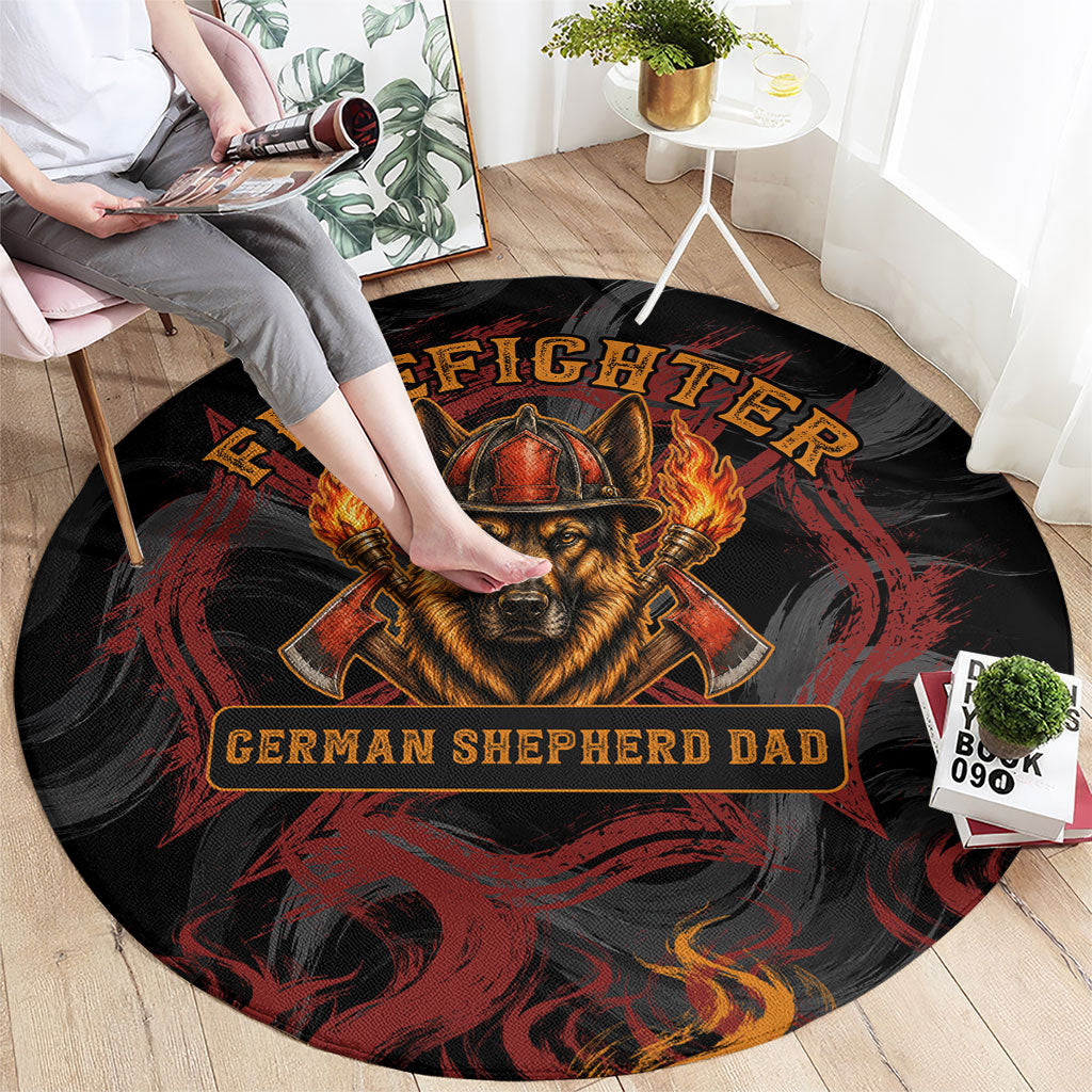 Firefighter German Shepherd Dad Round Carpet Vintage Fire Flames Sunset City Skyline - Always By My Side