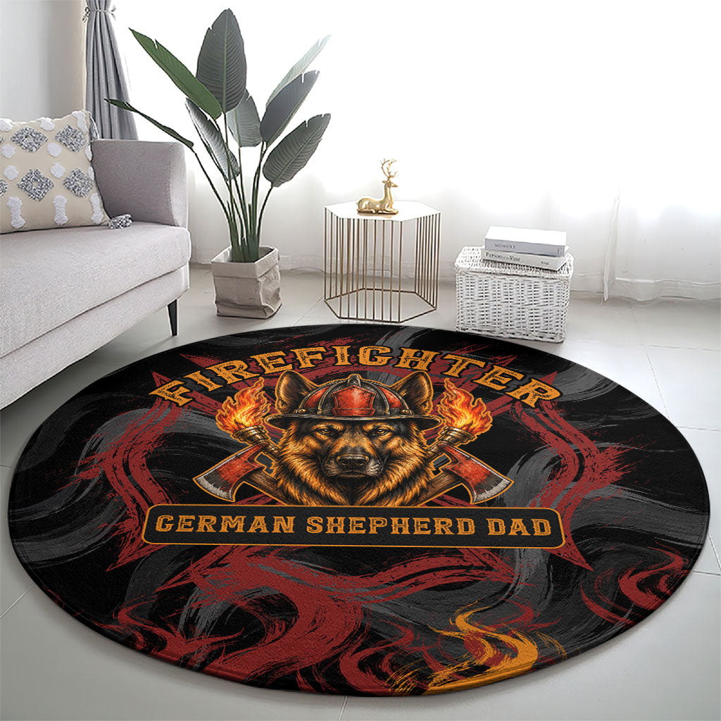 Firefighter German Shepherd Dad Round Carpet Vintage Fire Flames Sunset City Skyline - Always By My Side