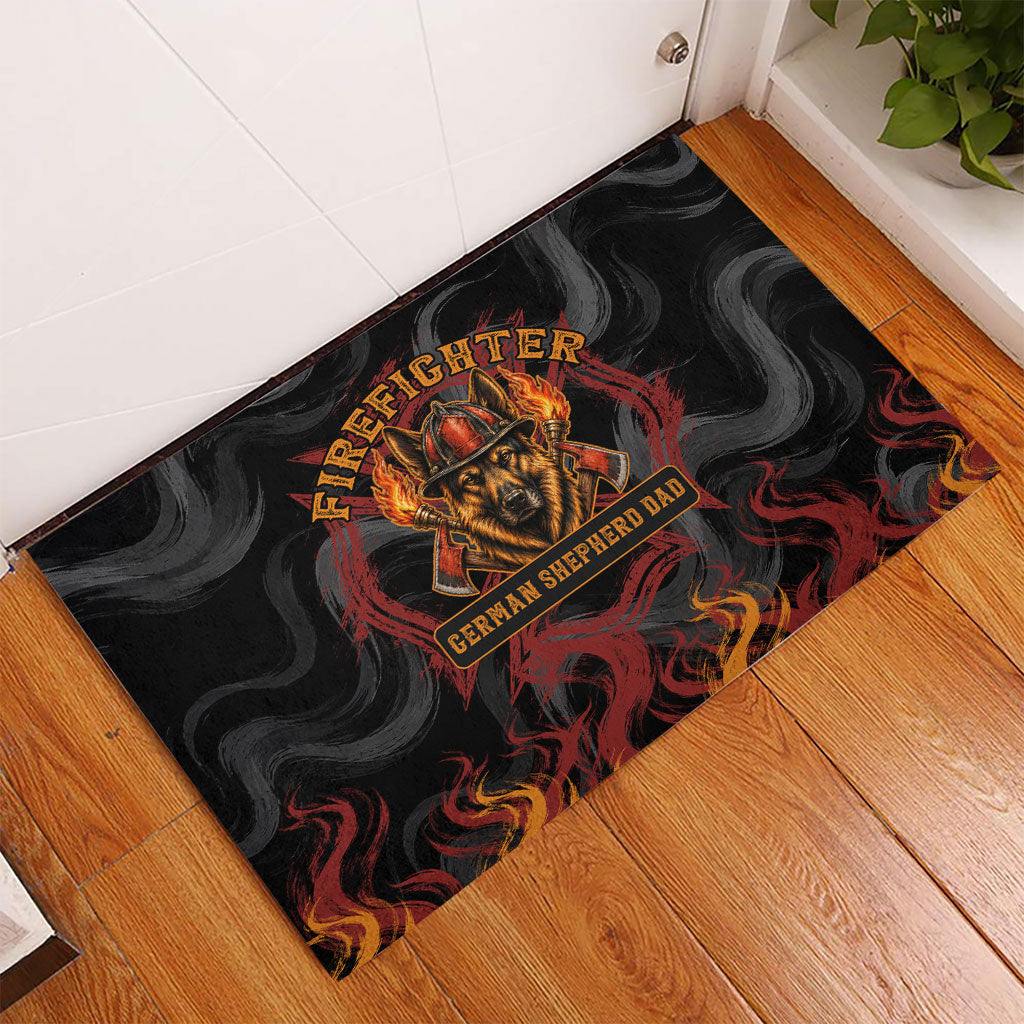 Firefighter German Shepherd Dad Rubber Doormat Vintage Fire Flames Sunset City Skyline - Always By My Side
