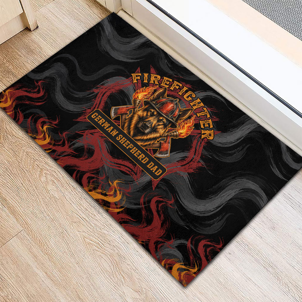 Firefighter German Shepherd Dad Rubber Doormat Vintage Fire Flames Sunset City Skyline - Always By My Side
