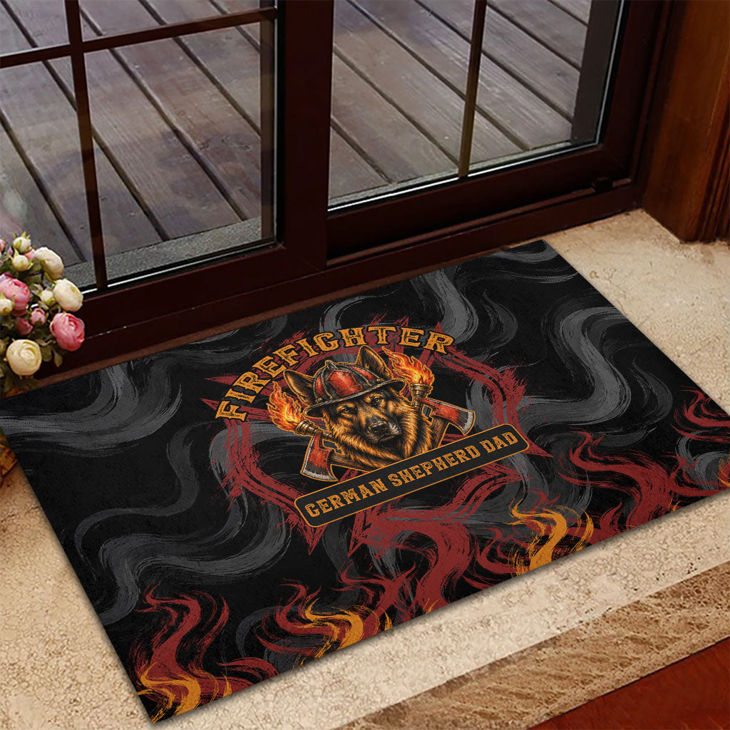 Firefighter German Shepherd Dad Rubber Doormat Vintage Fire Flames Sunset City Skyline - Always By My Side