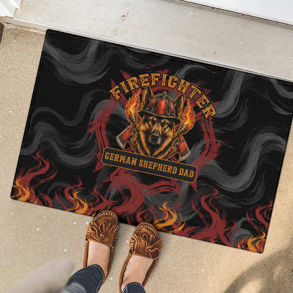 Firefighter German Shepherd Dad Rubber Doormat Vintage Fire Flames Sunset City Skyline - Always By My Side