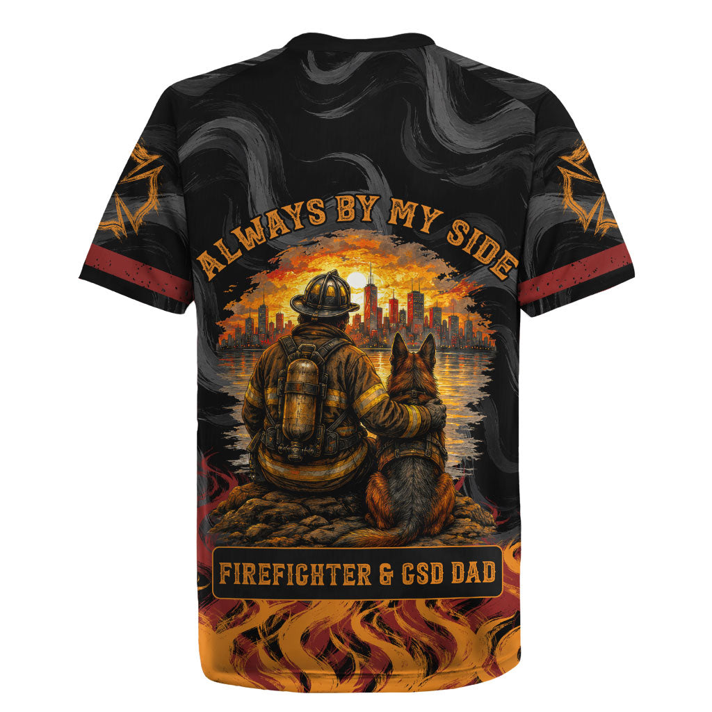 Firefighter German Shepherd Dad Rugby Jersey Vintage Fire Flames Sunset City Skyline - Always By My Side