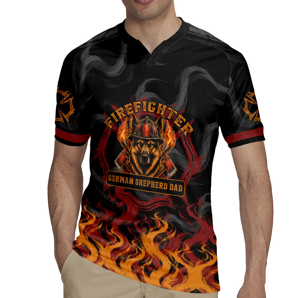 Firefighter German Shepherd Dad Rugby Jersey Vintage Fire Flames Sunset City Skyline - Always By My Side