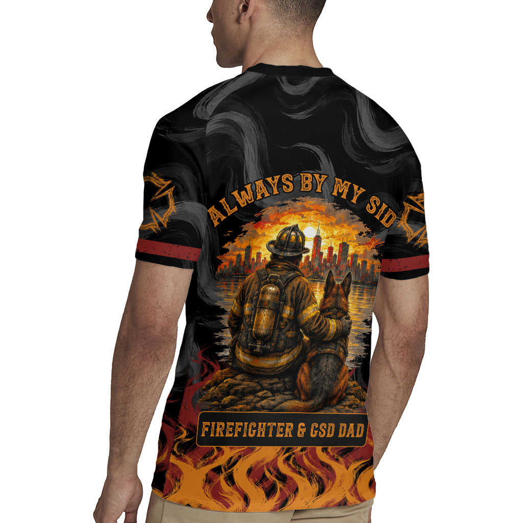 Firefighter German Shepherd Dad Rugby Jersey Vintage Fire Flames Sunset City Skyline - Always By My Side