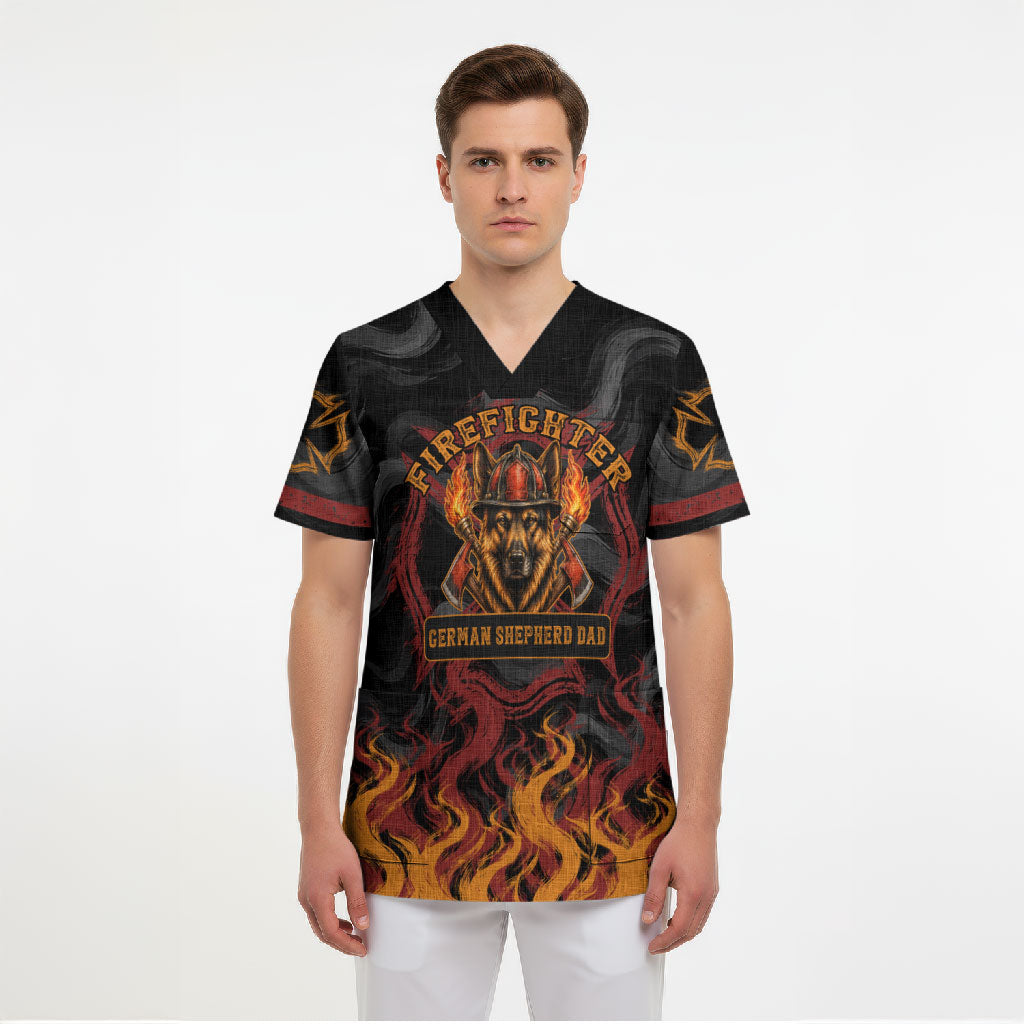 Firefighter German Shepherd Dad Scrub Top Vintage Fire Flames Sunset City Skyline - Always By My Side