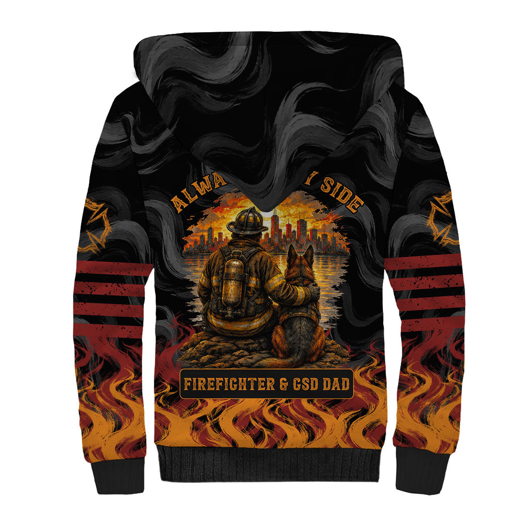 Firefighter German Shepherd Dad Sherpa Hoodie Vintage Fire Flames Sunset City Skyline - Always By My Side