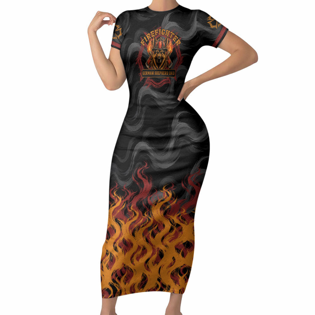 Firefighter German Shepherd Dad Short Sleeve Bodycon Dress Vintage Fire Flames Sunset City Skyline - Always By My Side
