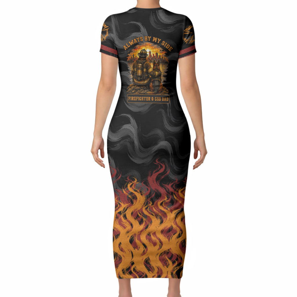 Firefighter German Shepherd Dad Short Sleeve Bodycon Dress Vintage Fire Flames Sunset City Skyline - Always By My Side