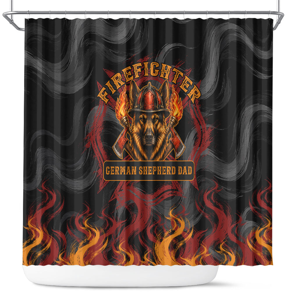 Firefighter German Shepherd Dad Shower Curtain Vintage Fire Flames Sunset City Skyline - Always By My Side