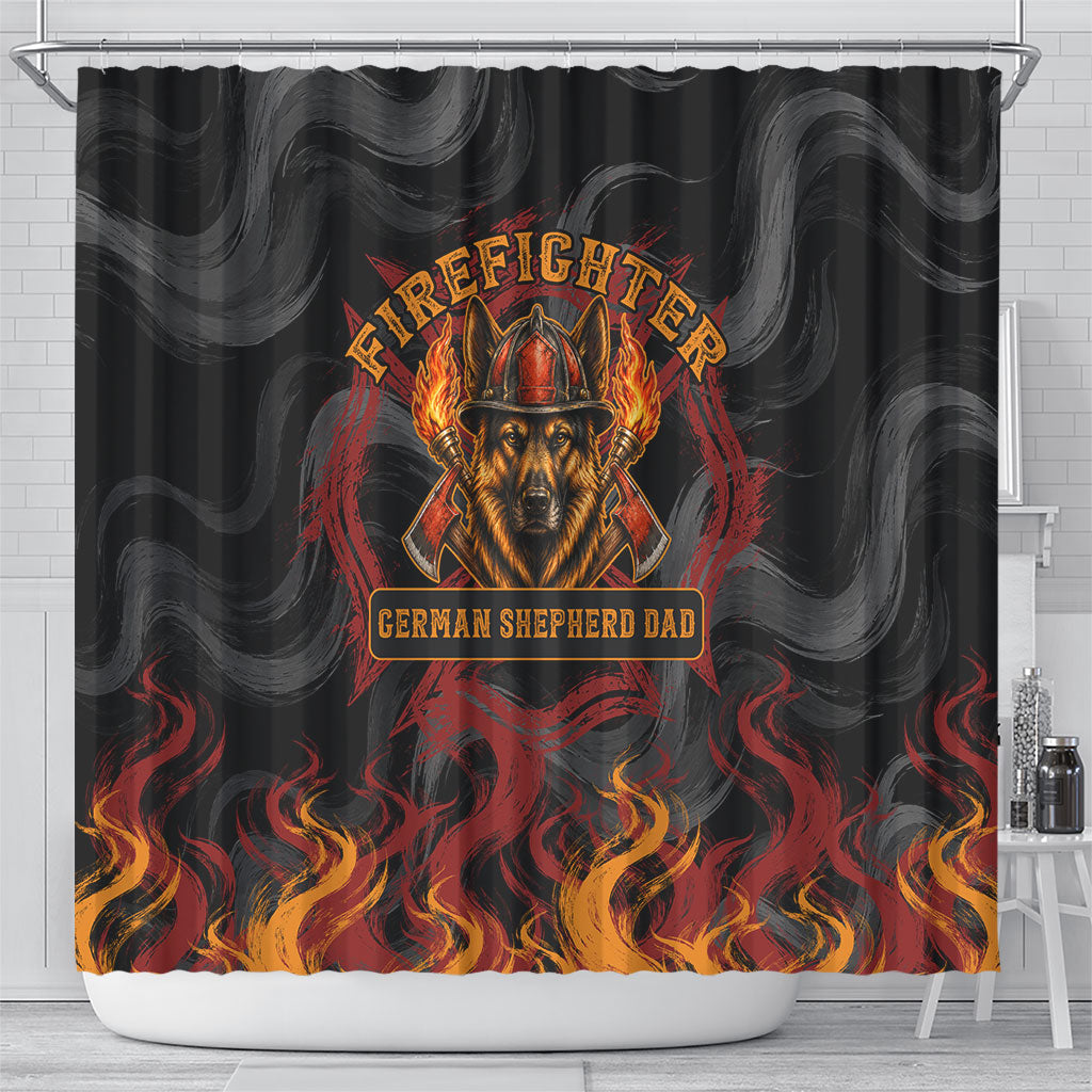 Firefighter German Shepherd Dad Shower Curtain Vintage Fire Flames Sunset City Skyline - Always By My Side