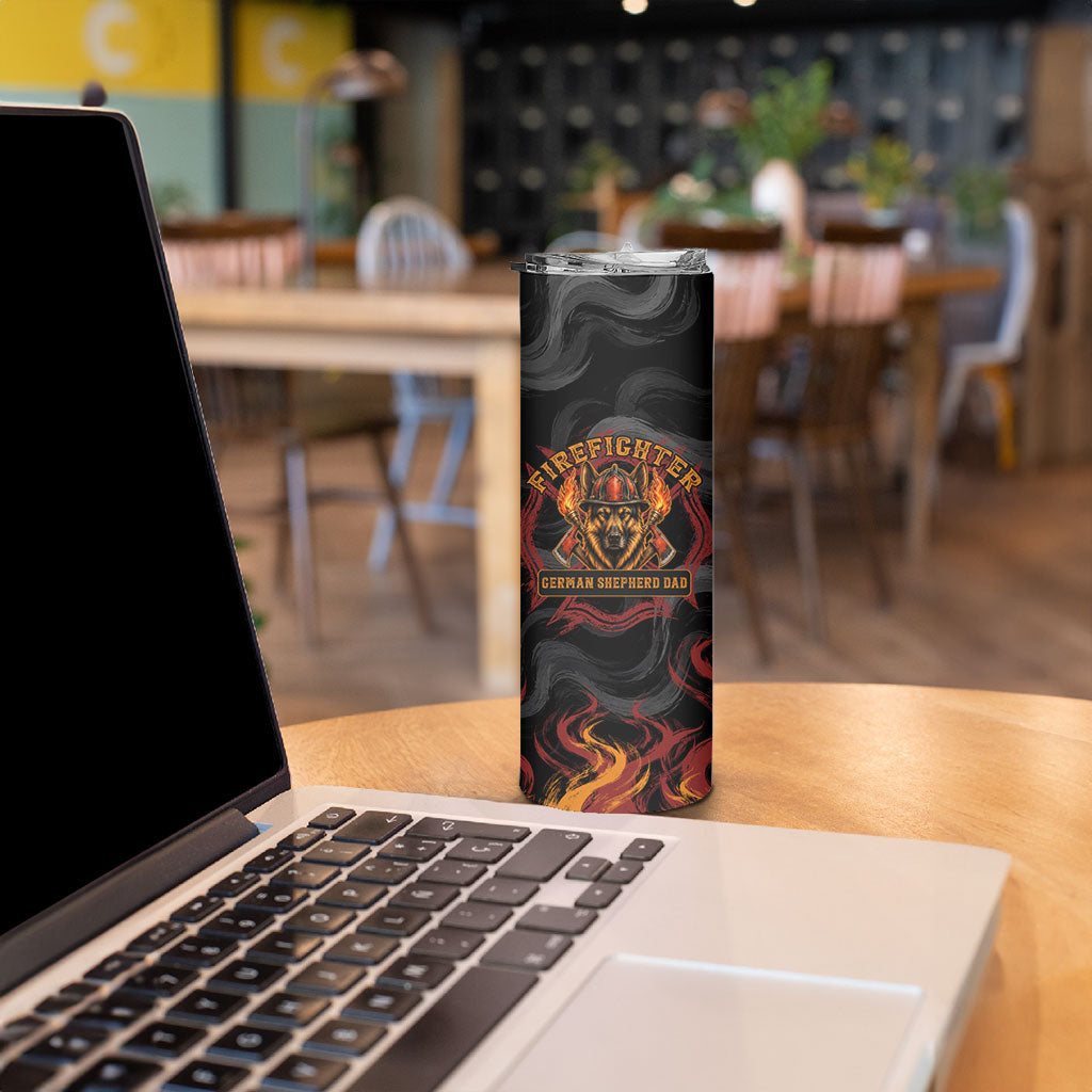 Firefighter German Shepherd Dad Skinny Tumbler Vintage Fire Flames Sunset City Skyline - Always By My Side