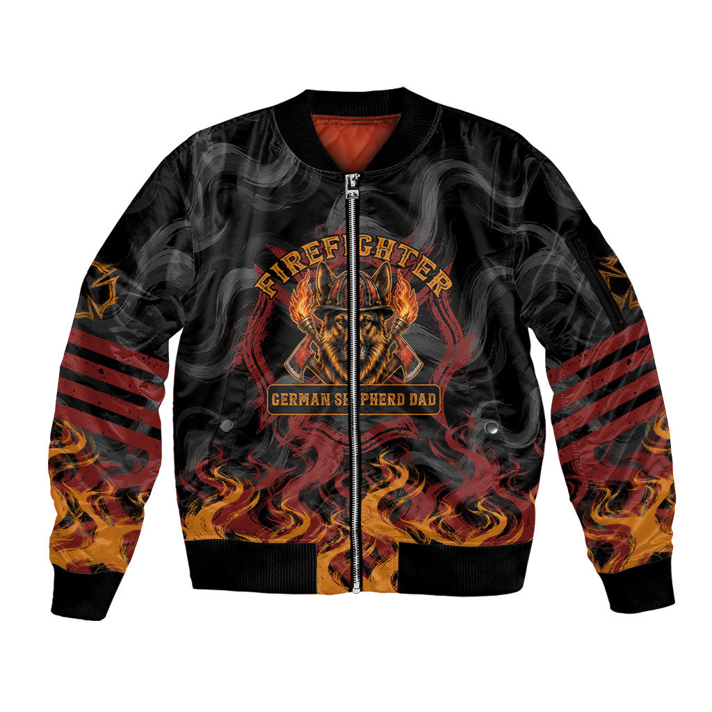 Firefighter German Shepherd Dad Sleeve Zip Bomber Jacket Vintage Fire Flames Sunset City Skyline - Always By My Side