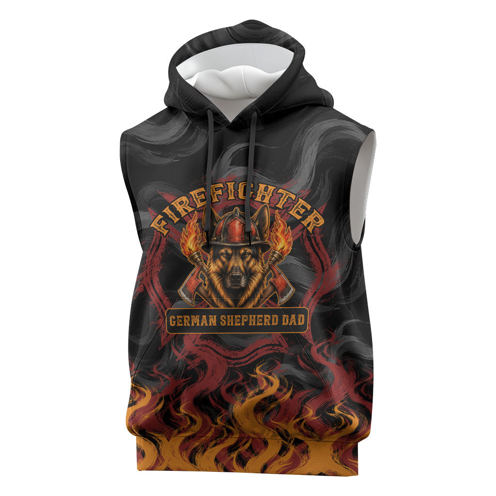 Firefighter German Shepherd Dad Sleeveless Hoodie Vintage Fire Flames Sunset City Skyline - Always By My Side